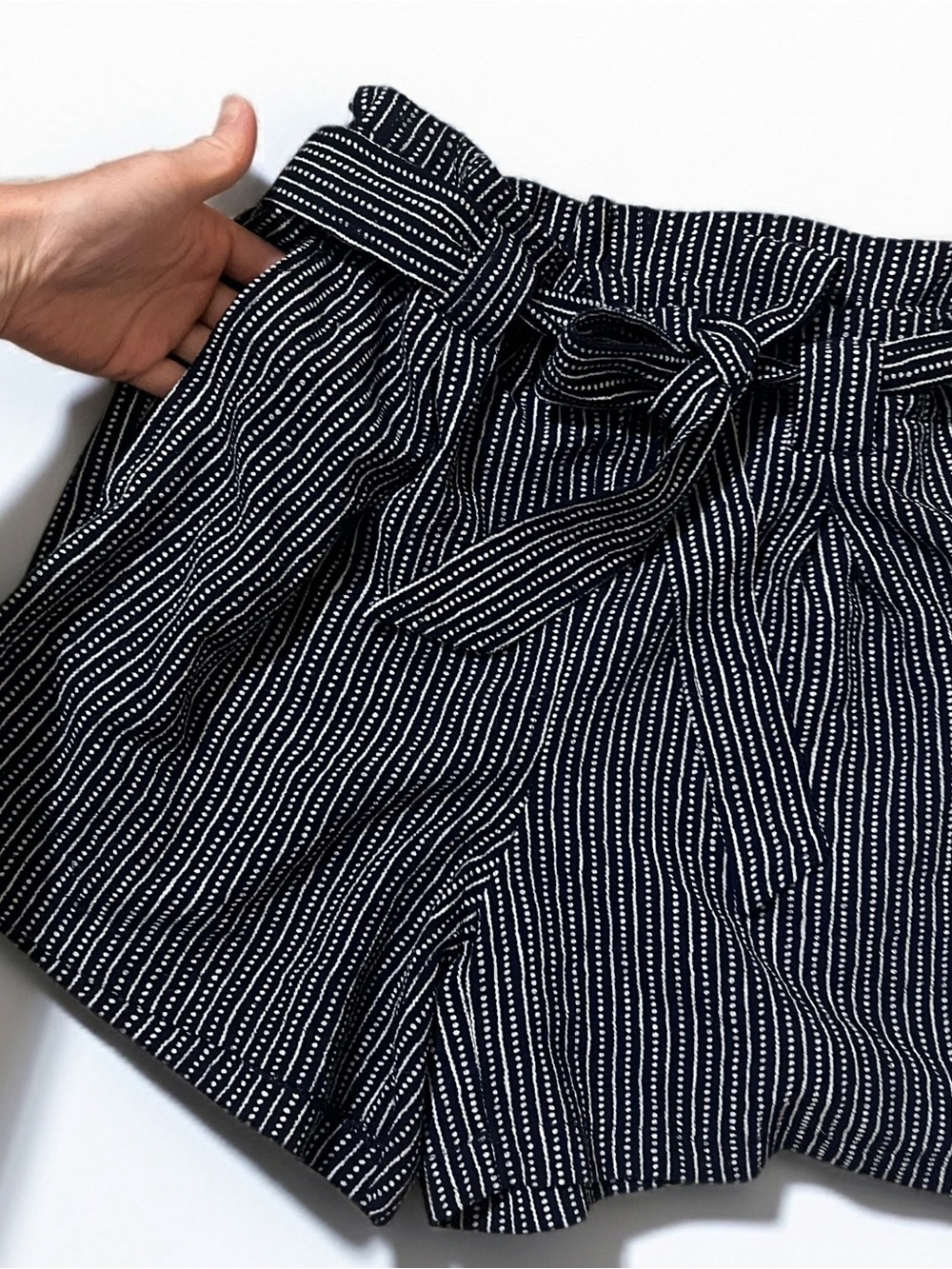 Max Studio Navy and White Striped Paperbag Waist Shorts